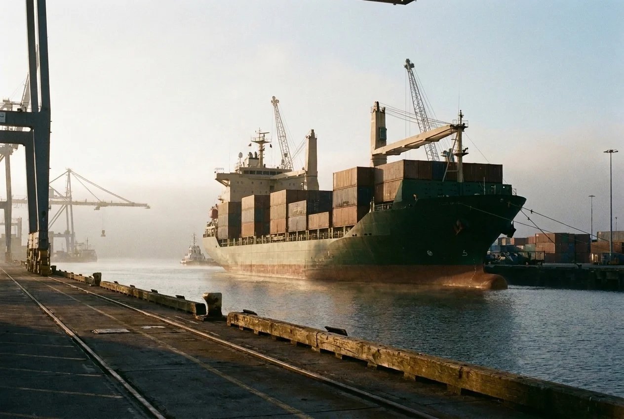 Illustrative destination scene: a cargo vessel at an international container port