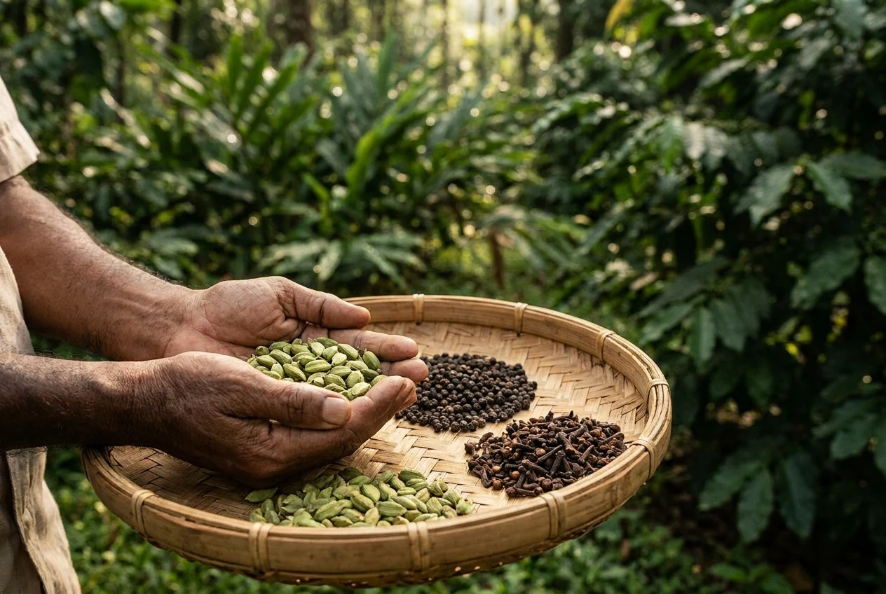 Illustrative origin scene: hands holding freshly harvested cardamom in a plantation