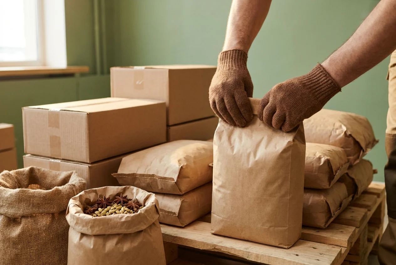 Illustrative packing scene: gloved hands sealing plain sacks beside cartons